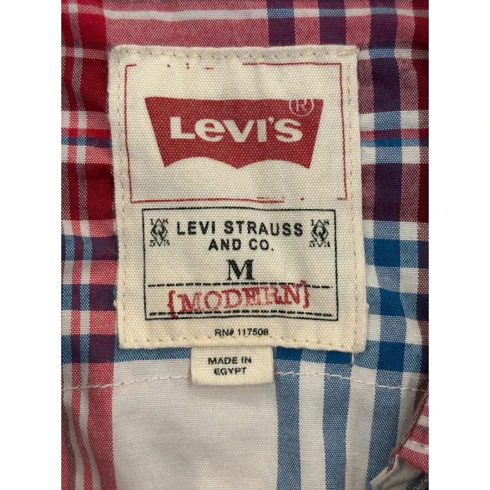 Levis Modern Mens Western Shirt M Red Blue White Plaid Snap Front Long Sleeve